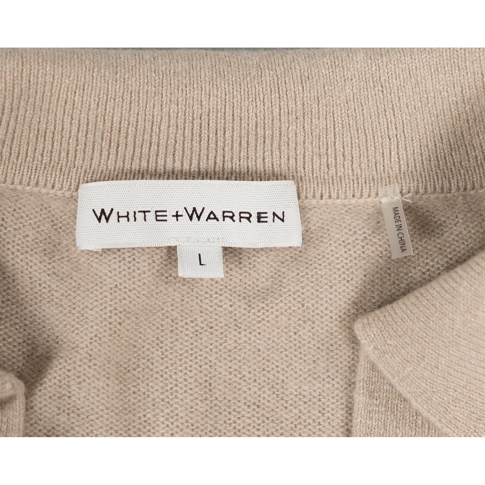 White + Warren Womens Cashmere Oversized V-Neck Polo Sweater Beige Large - Picture 2 of 7